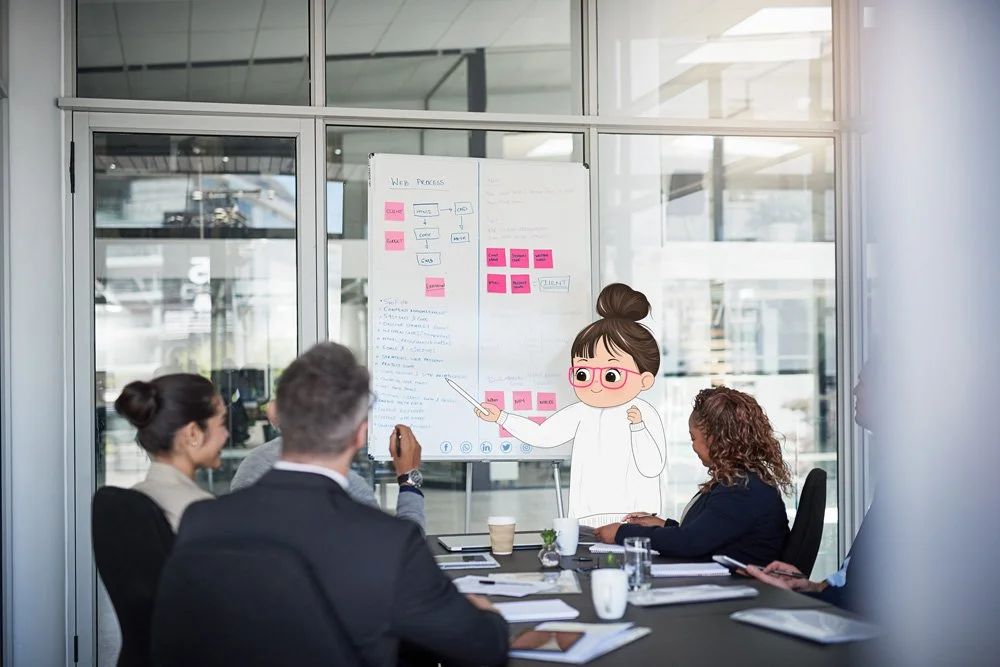 Businesswoman giving a presentation to four colleagues in a conference room with large glass windows.