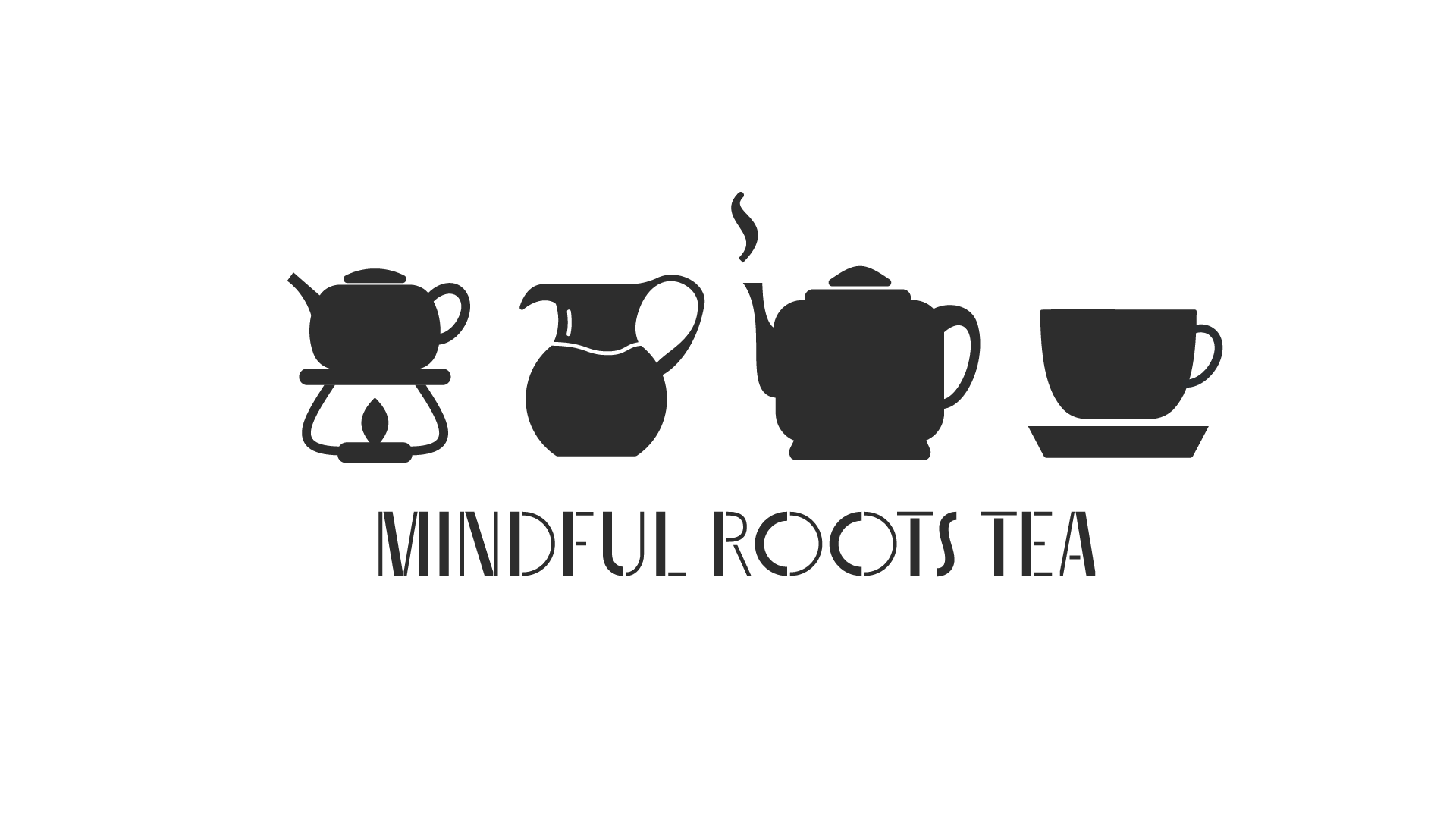 Silhouette icons of teapots, a pitcher, a kettle with steam, and a teacup and saucer, with the text 'Mindful Roots Tea' below.
