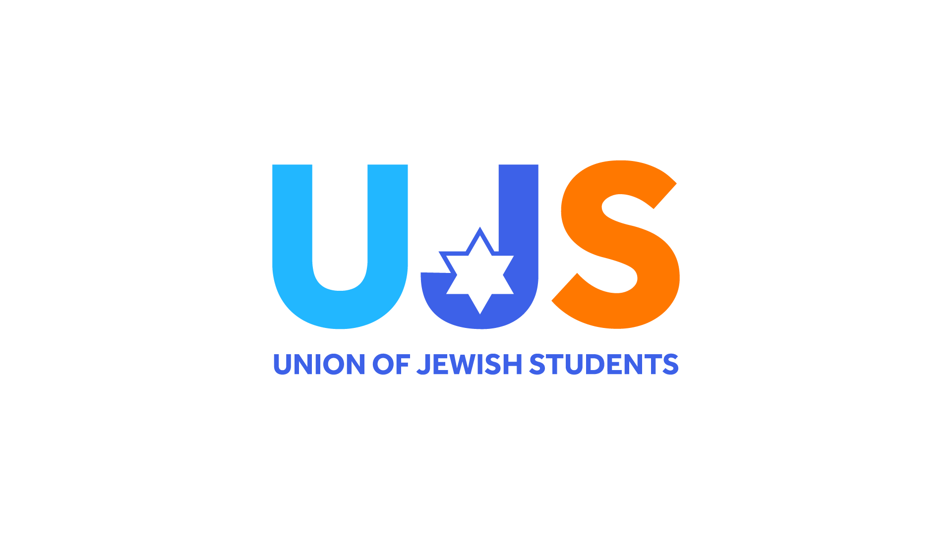 Logo for the Union of Jewish Students with the acronym UJS in large blue and orange letters, and a star of David inside the letter 'J', with the name underneath in blue text.