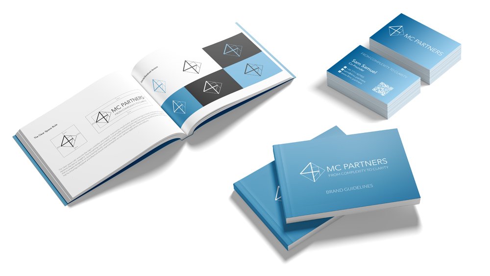 Business branding materials for MC Partners, including brochures, business cards, and branded guides in blue and white.