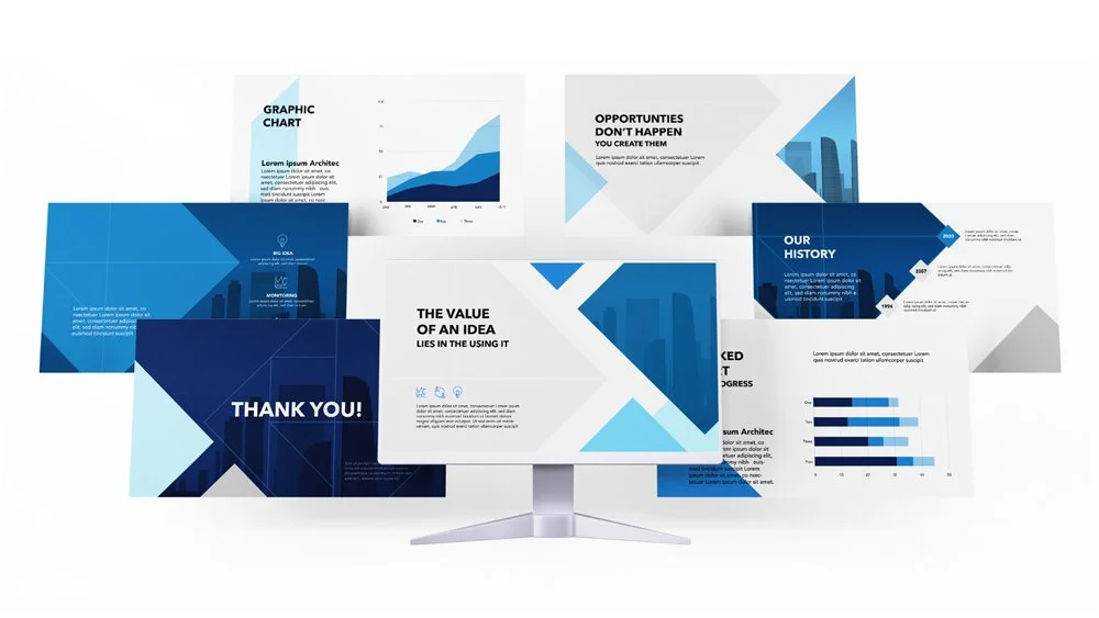 A computer monitor surrounded by various presentation slides featuring graphs, charts, and text in shades of blue, gray, and white.