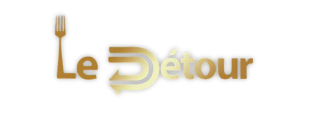 Logo avec un ustensile de cuisine en forme de fourchette et le texte 'Le Détour' en lettre dorée