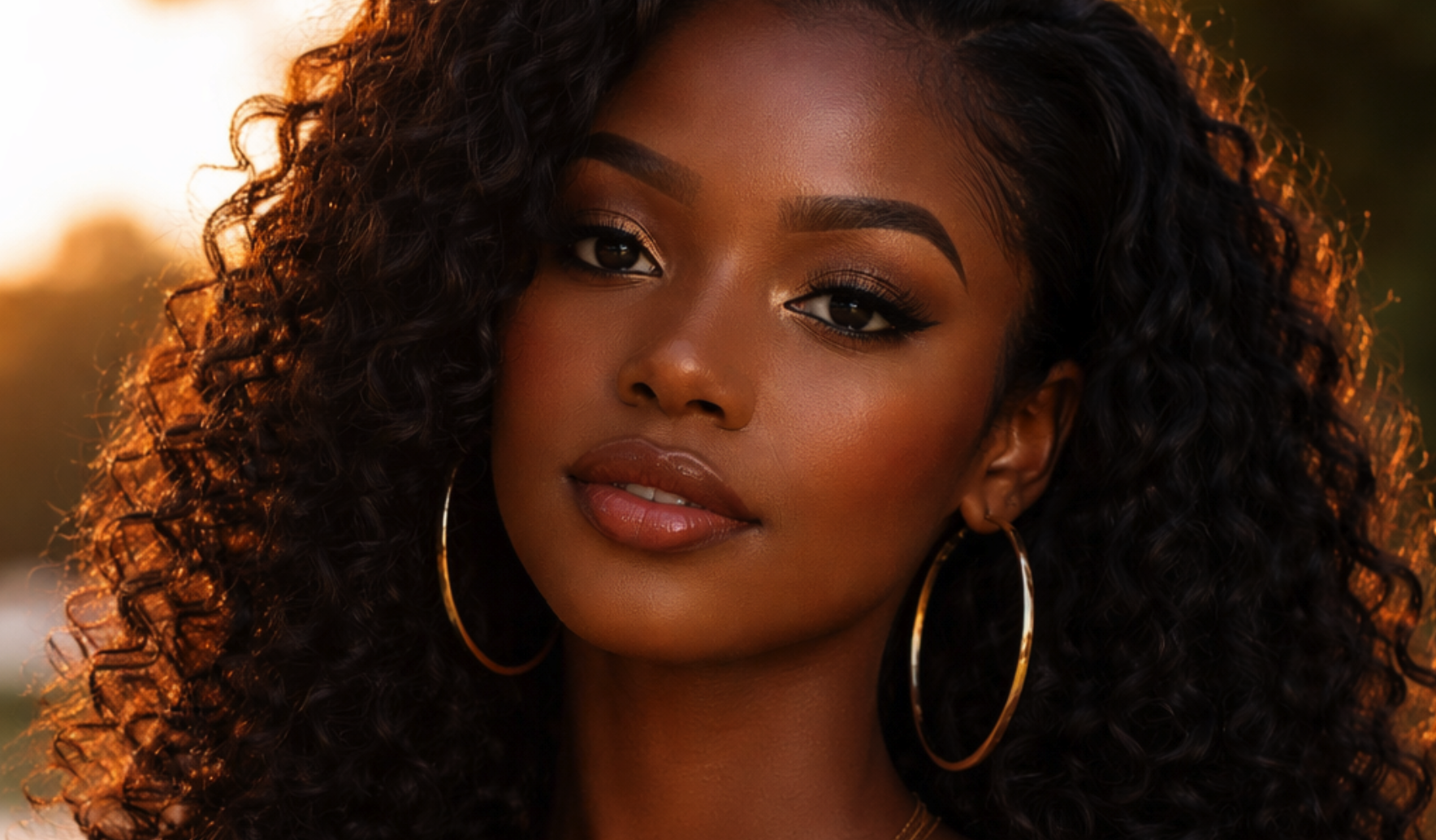 Close-up portrait of a woman with dark curly hair, hoop earrings, and subtle makeup, outdoors during sunset.