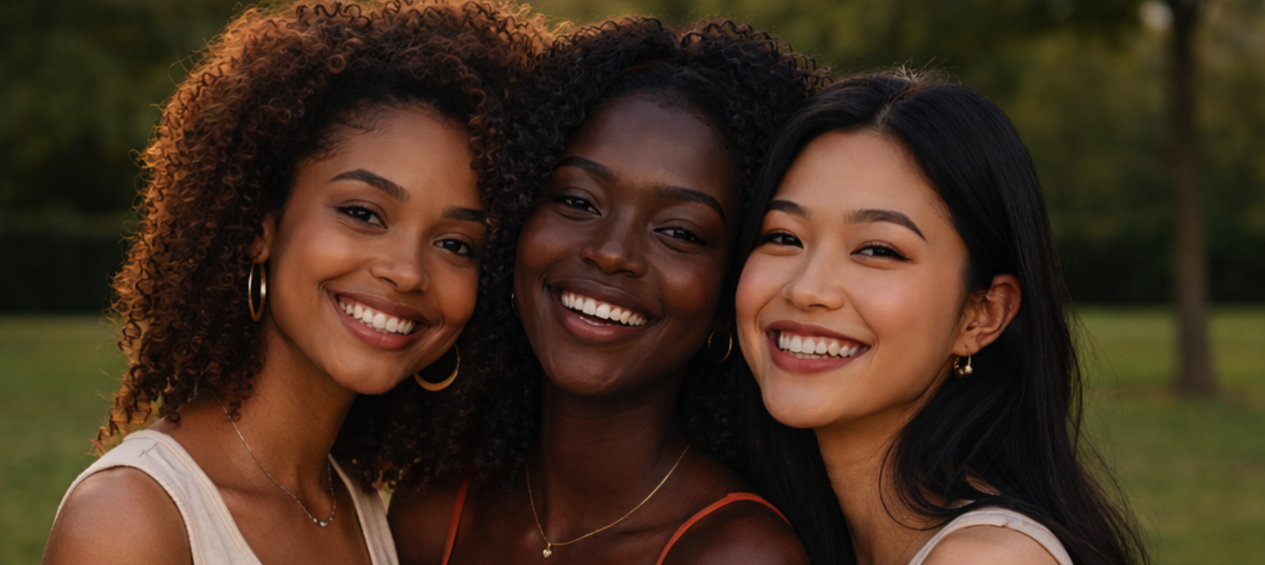 Three smiling women of different ethnic backgrounds close together outdoors.