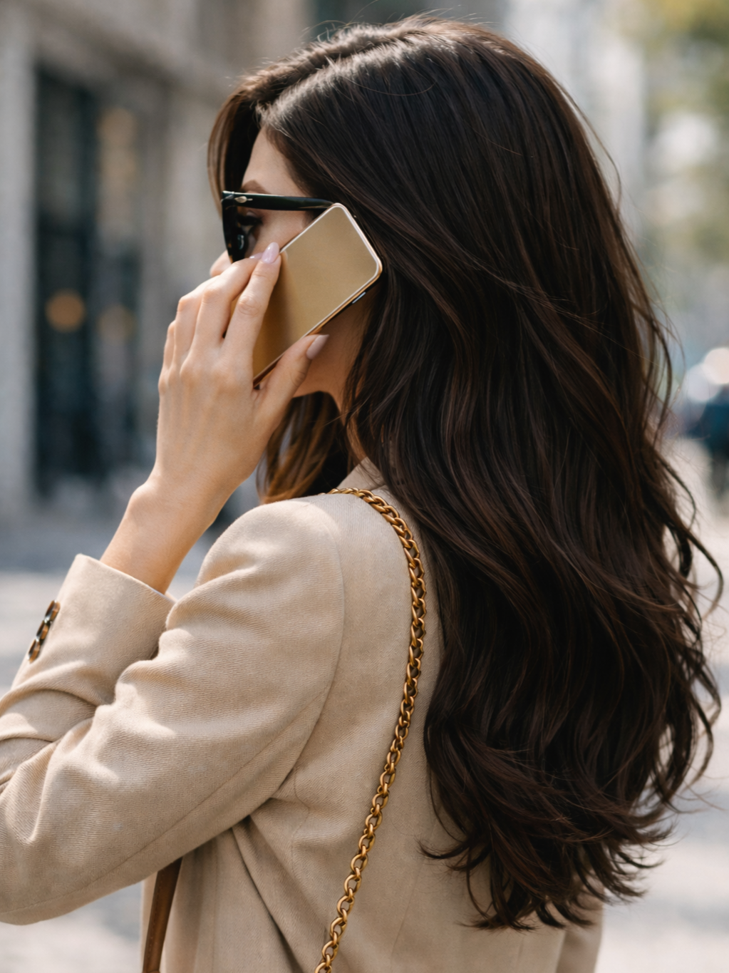 A woman with long, wavy dark hair talking on a mobile phone outdoors, wearing sunglasses, a beige blazer, and carrying a gold chain strap bag.
