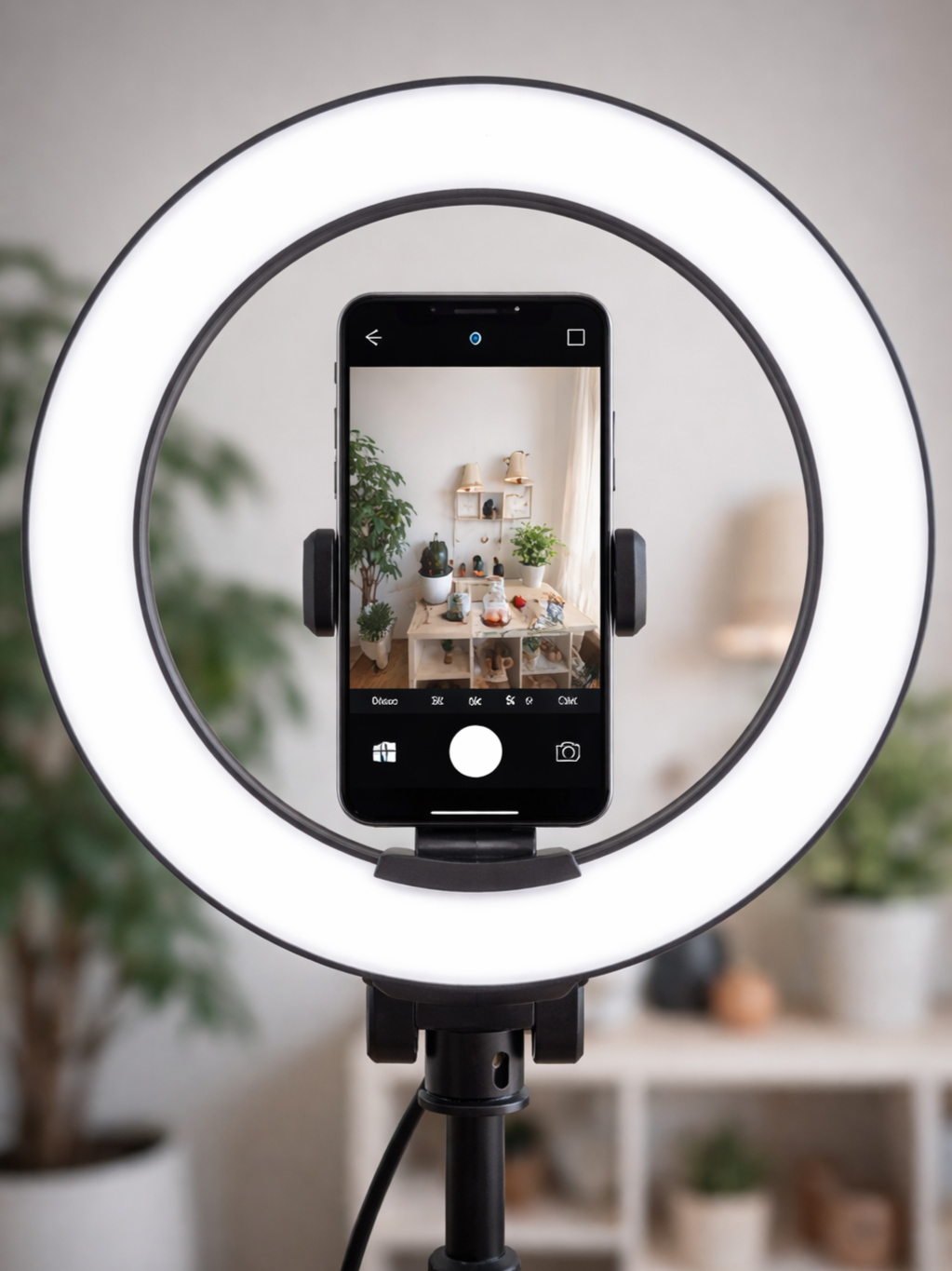 A smartphone mounted in a ring light, capturing a photo of a room with decor including plants and shelves.