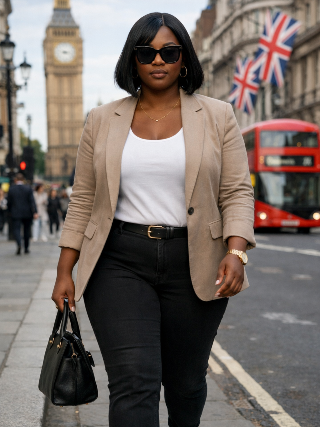 A stylish woman walking in London with Big Ben and a red double-decker bus in the background, carrying a black handbag, wearing sunglasses, beige blazer, white top, black pants, and gold accessories.