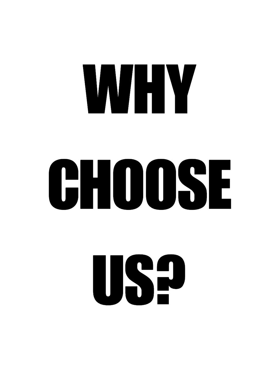 Text on a white background that says, "WHY CHOOSE US?" in bold black letters, with the last word upside down.