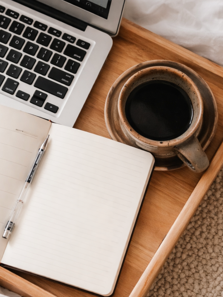A wooden tray on a table holding a laptop, an open notebook with a pen, and a cup of black coffee in a ceramic mug.