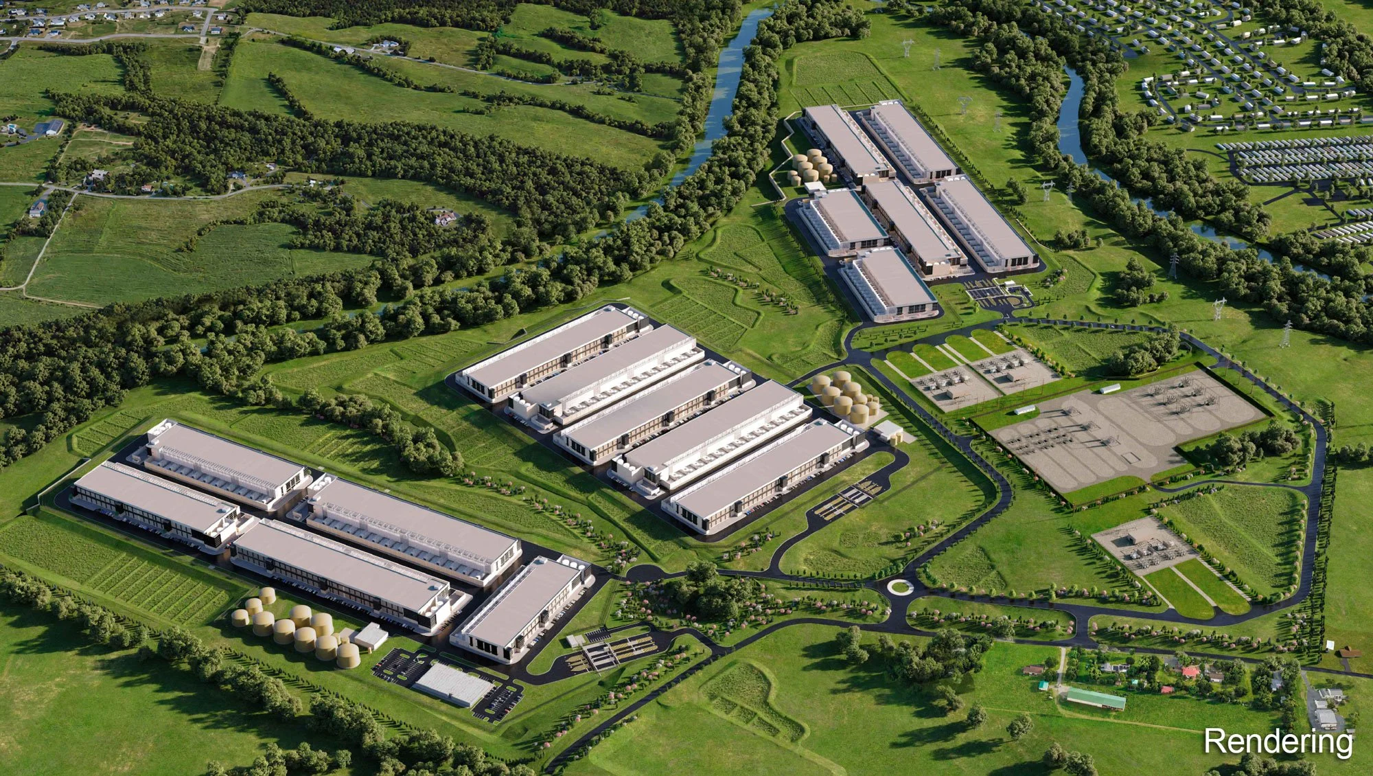 Aerial view of Pennsylvania Digital 1 (PAX-1) 1.35 GW hyperscale  datacenter campus in Middlesex Township, Pennsylvania