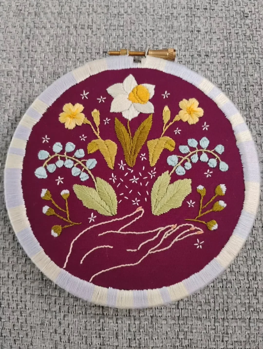 Another finished embroidery hoop. 🪡

I experimented with my cricut machine and managed to get it to draw the pattern onto the fabric for me but I didn't have a heat erasable pen that would fit. So I ended up with a big black circle around the edge t
