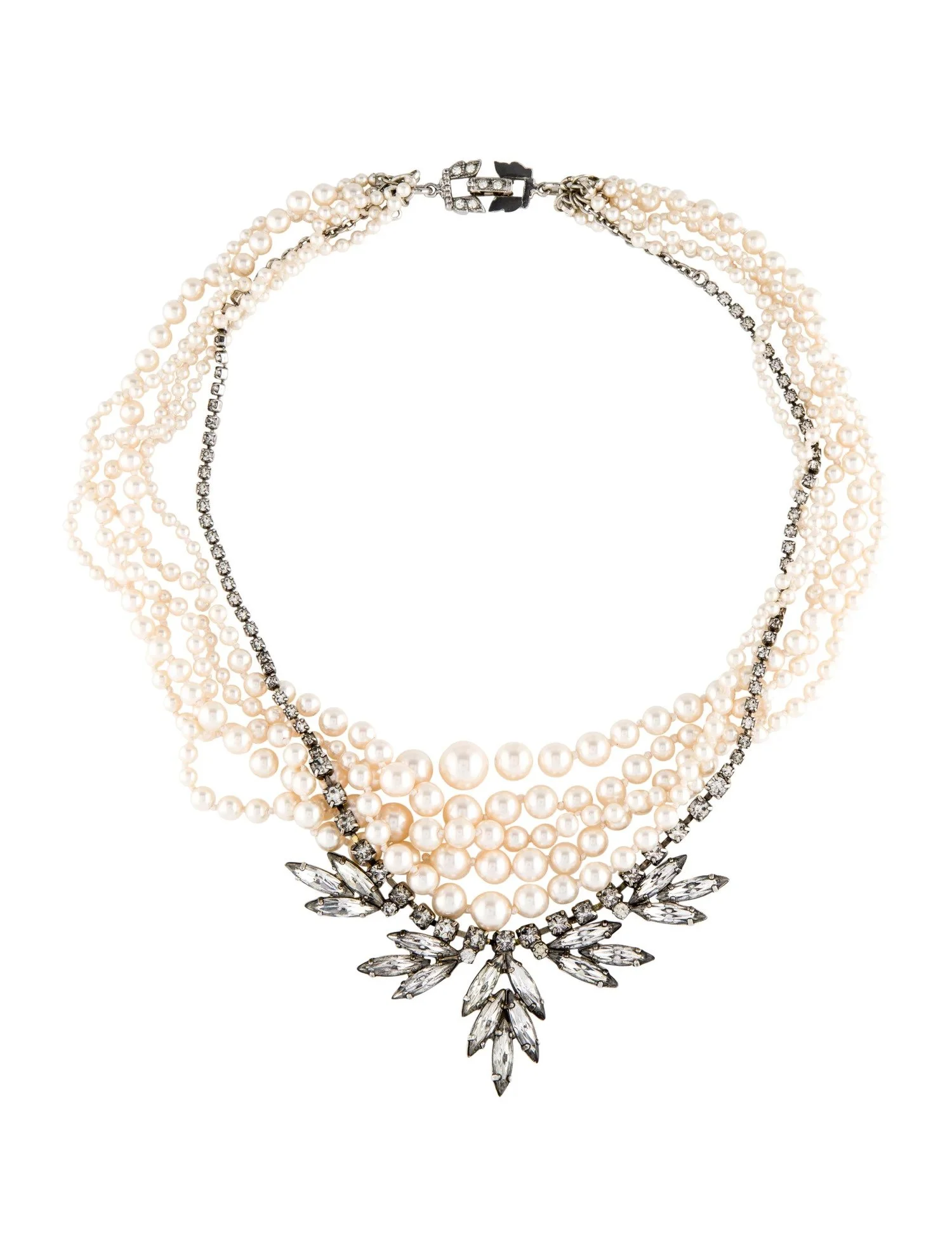 Elegant multi-strand pearl necklace with a diamond and crystal leaf pendant.