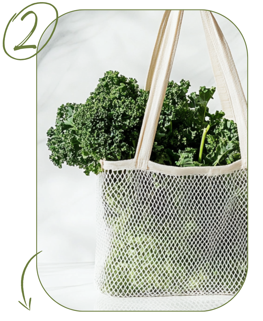Green kale in a white mesh tote bag with beige handles on a white background.