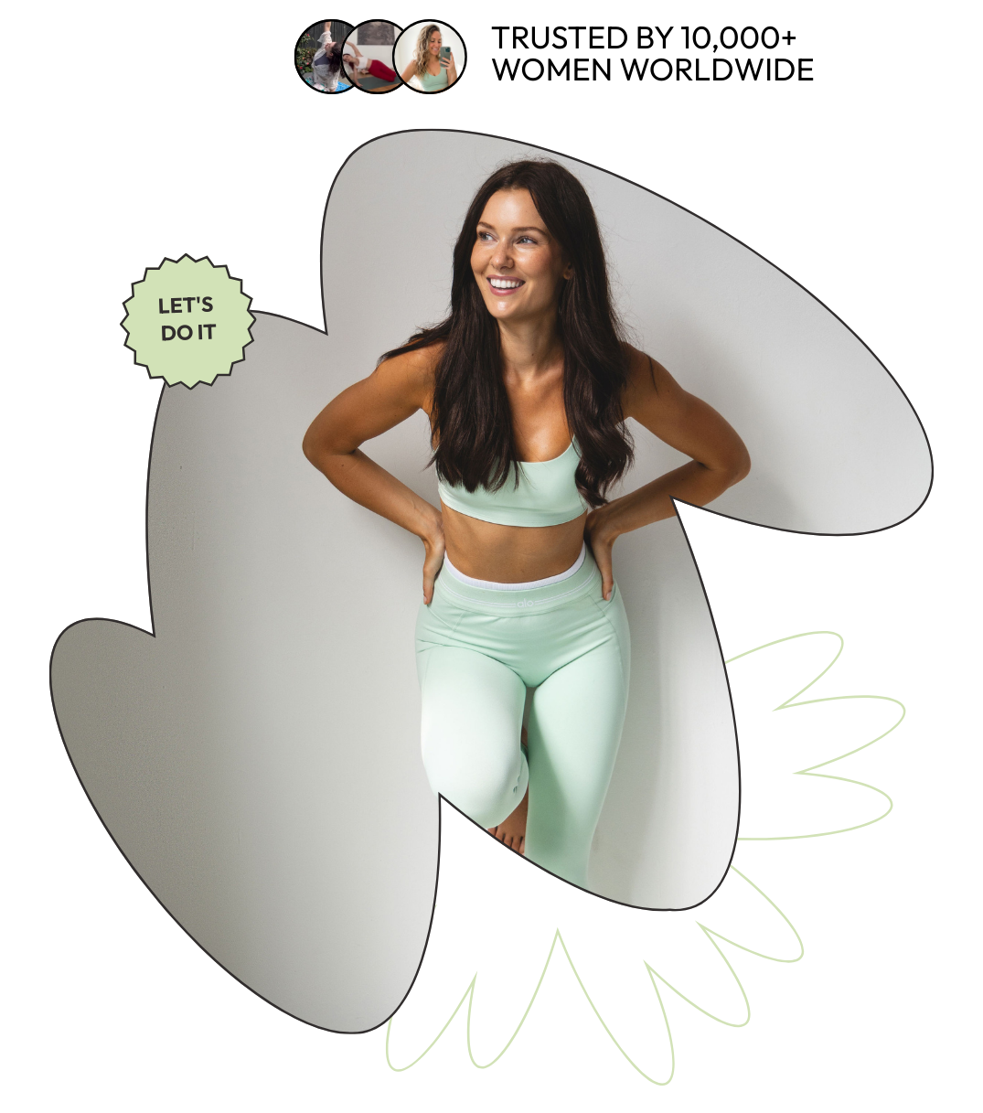 A young woman in pastel workout clothes smiling with hands on her hips, standing against a plain wall, with a motivational speech bubble saying 'Let's Do It' and small images of her exercising at the top.