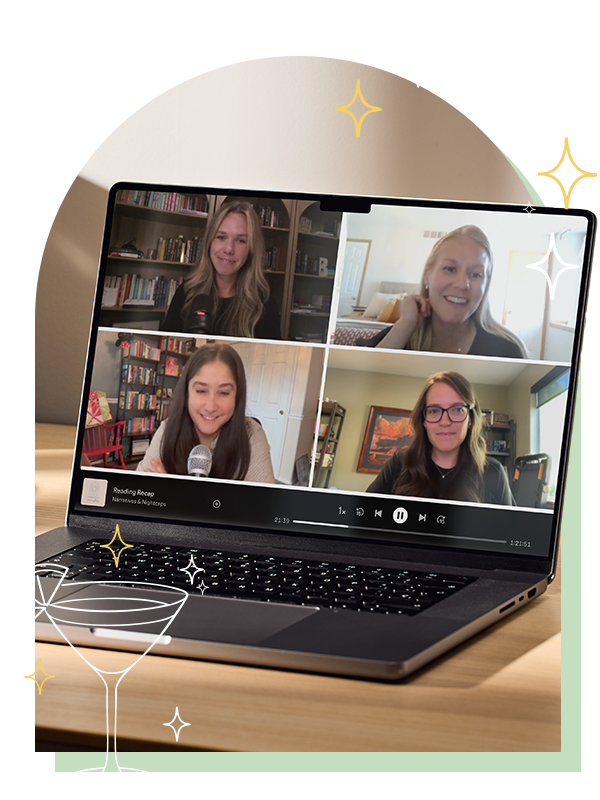 A laptop on a wooden table displaying a video conference with four women, each in separate frames. The background includes bookshelves and a window, with decorative speech bubbles and sparkling icons added around the image.
