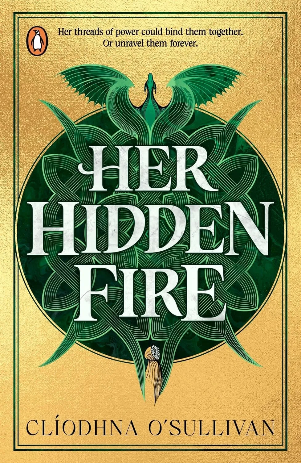 Book cover titled "Her Hidden Fire" by Clíodna O'Sullivan. The cover features a green maze-like design with a dragon at the top and a figure at the bottom, set against a gold background.