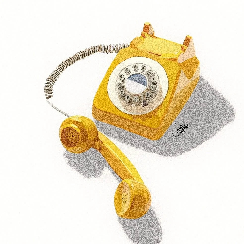 Téléphone vintage jaune avec cadran rotatif et combiné détaché.