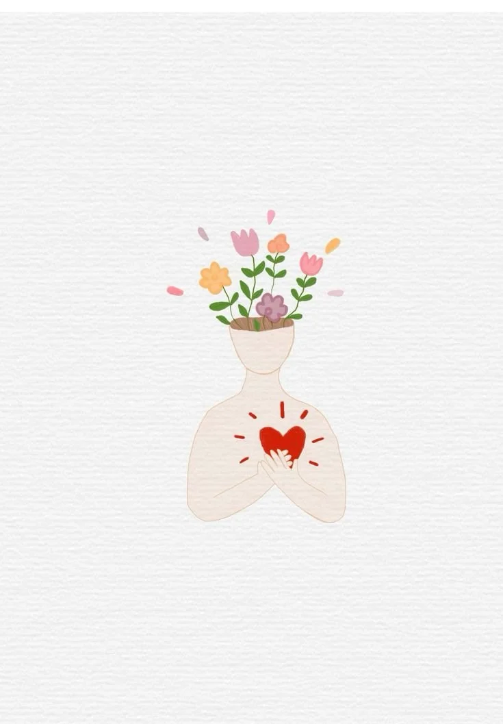 Une illustration minimaliste d'une personne tenant un cœur rouge avec des bras, avec une tête remplacée par un pot de fleurs contenant des fleurs de différentes couleurs.