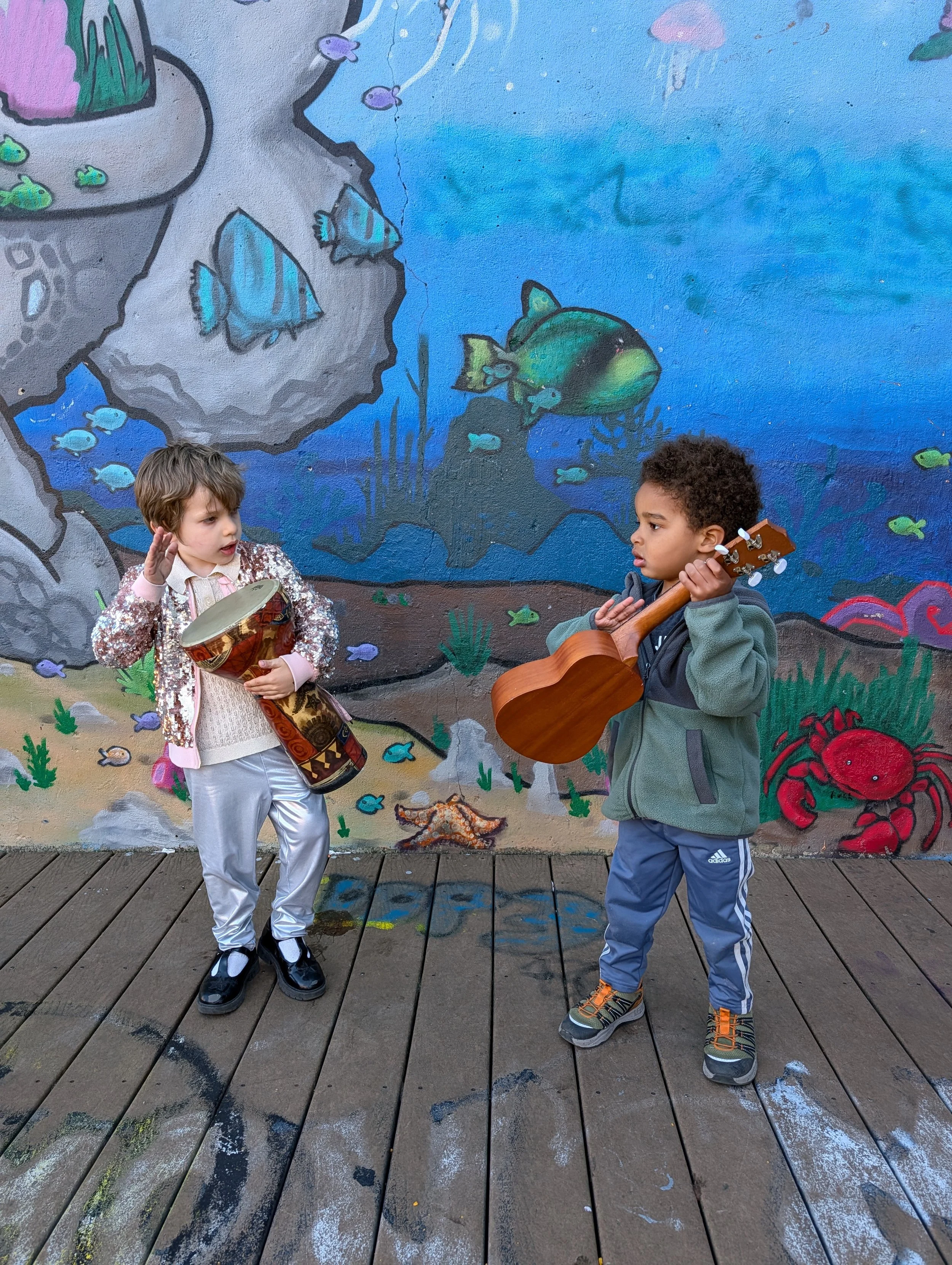 Two Brooklyn children rehearse for Kol Am's Passover play