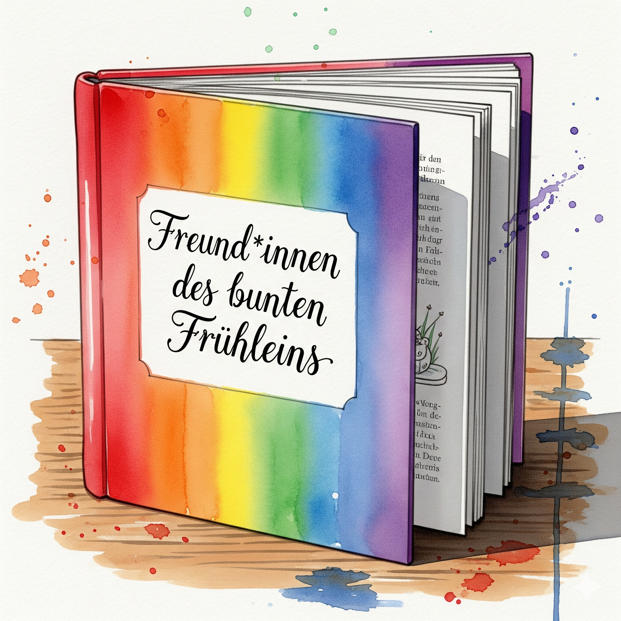 Ein aufgeschlagenes Buch mit buntem Regenbogen-Cover und dem Titel "Freund*innen des bunten Frühlings" auf einem Holztisch, mit Farbklecksen im Hintergrund.