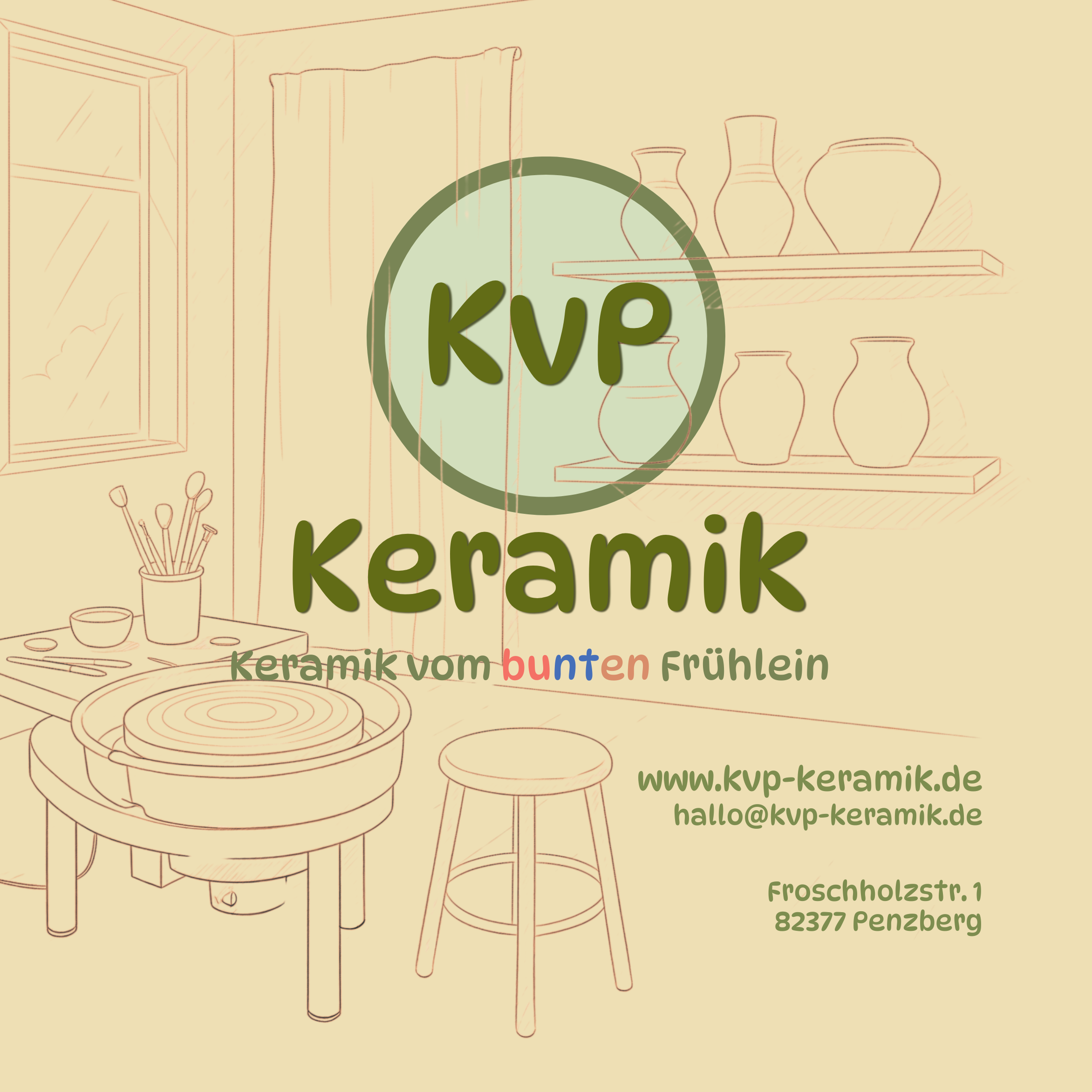 Illustrierte Ansicht einer Keramikwerkstatt mit Keramiktöpfen auf Regalen, einer Töpferscheibe, einem Stuhl und einer Tisch mit Pinsel. Das Bild enthält Text, der auf einen Keramikladen namens "KVP Keramik" hinweist, inklusive Adresse, Webseite und E-Mail.