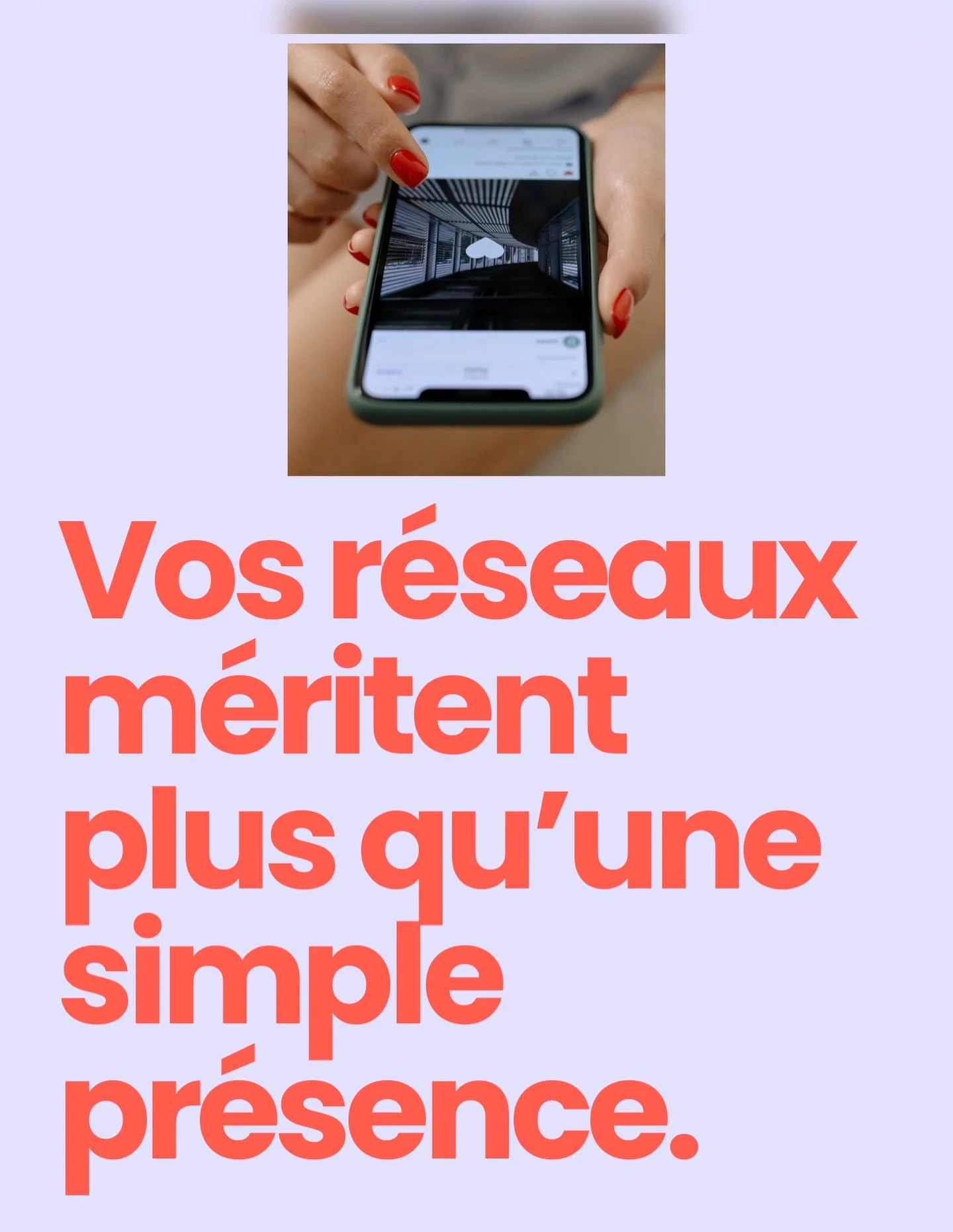 📱 Vos r&eacute;seaux m&eacute;ritent plus qu&rsquo;une simple pr&eacute;sence.

Aujourd&rsquo;hui, publier pour publier ne suffit plus.

Chaque post doit avoir un objectif.
Chaque visuel doit incarner votre marque.
Chaque mot doit cr&eacute;er du li
