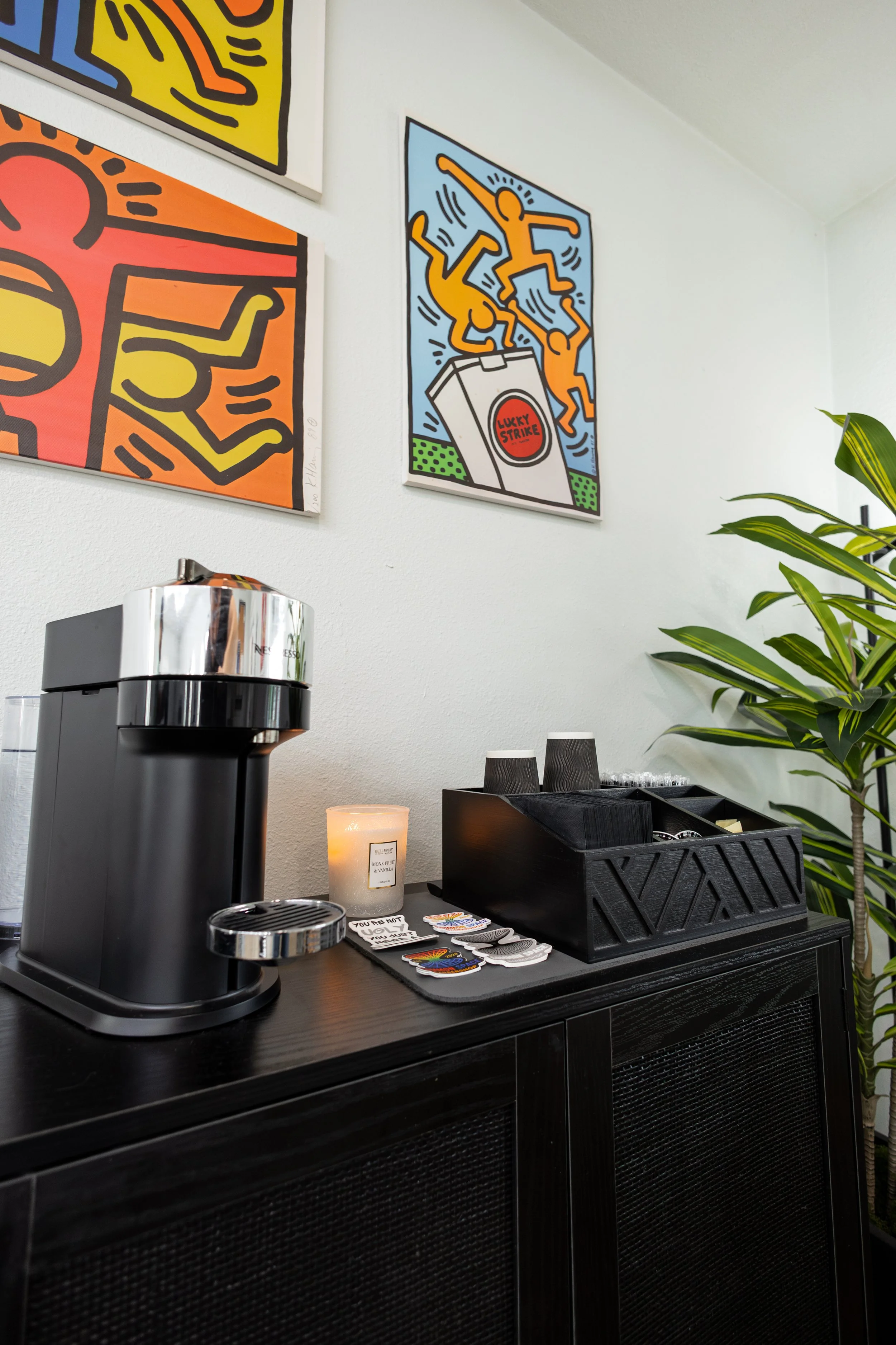 Interior with espresso machine at south austin's common space barbershop, located in westagate and sunset valley