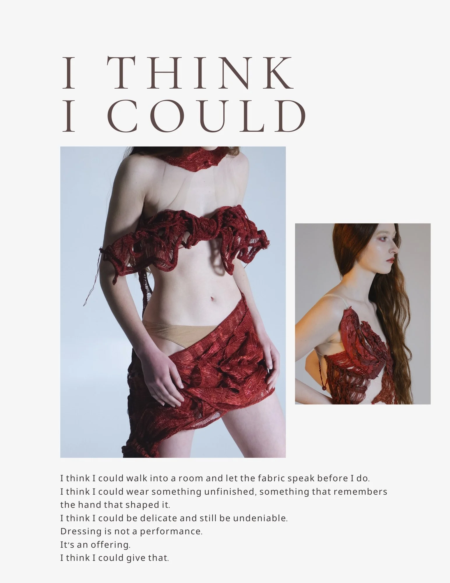Fashion magazine page featuring two models in elaborate red fabric outfits and a poem about clothing as an offering.