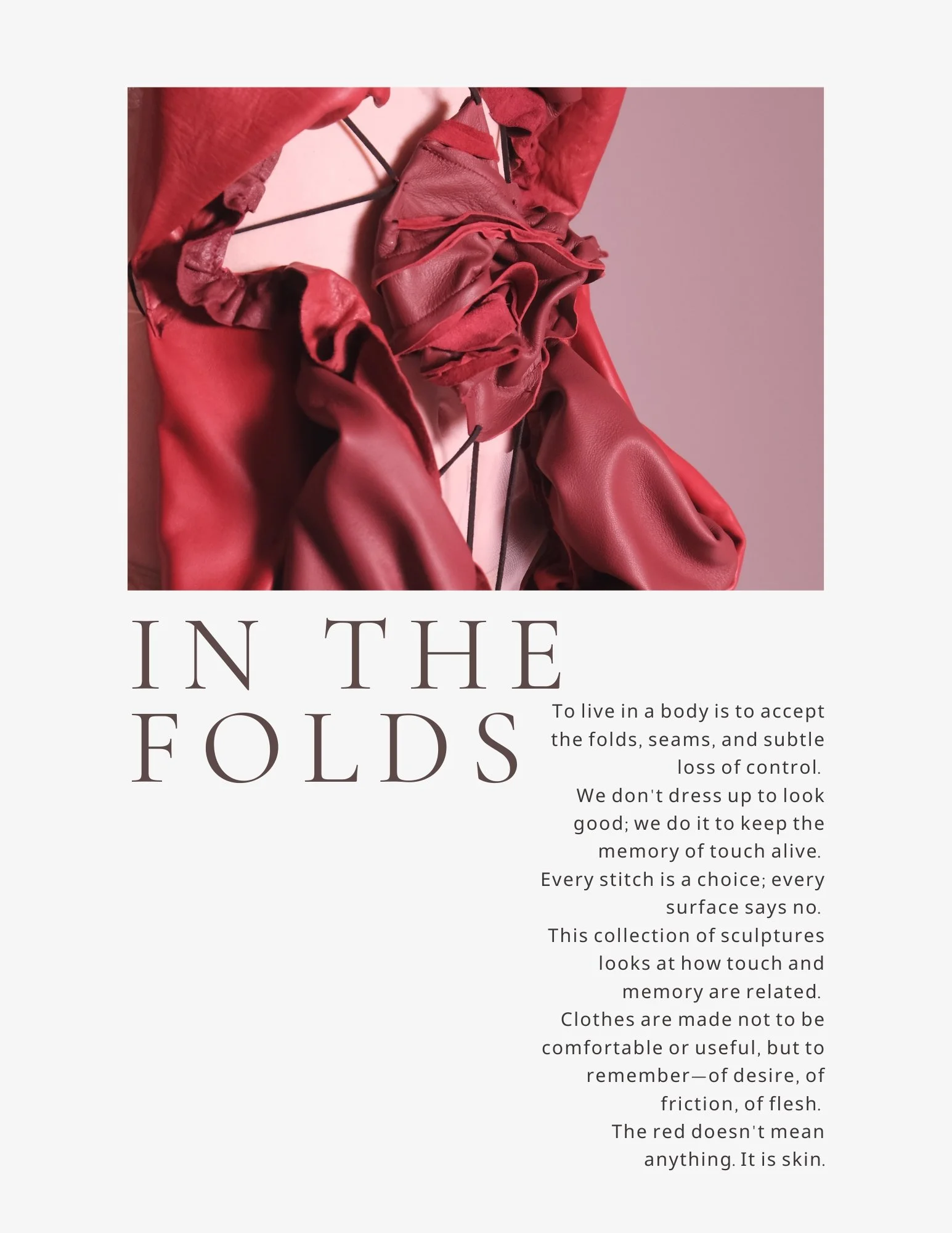 A pink and red fabric sculpture or art piece, with soft folds and ruffles, alongside a text about touch, memory, and clothing.