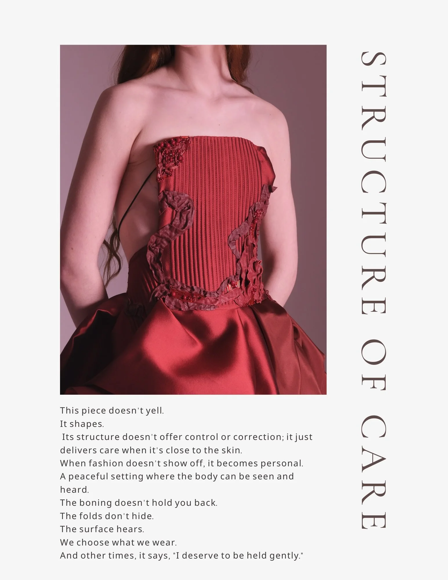 A woman wearing a red strapless dress with structured, textured fabric and ruffled detail in a photoshoot; text on the side reads 'STRUCTURE OF CARE' and a paragraph explaining the meaning of the design.