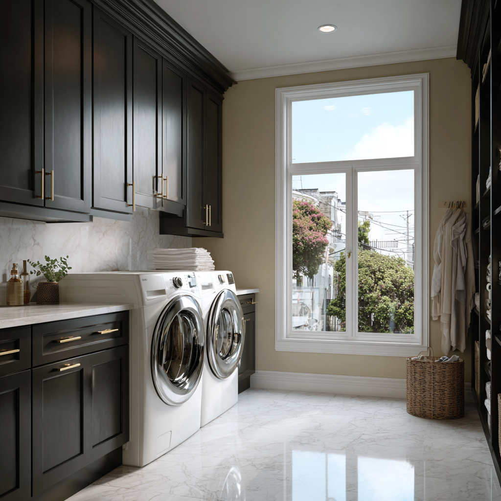A modern laundry room with black cabinets, a large window showing trees and buildings outside, and a front-loading washer and dryer set.