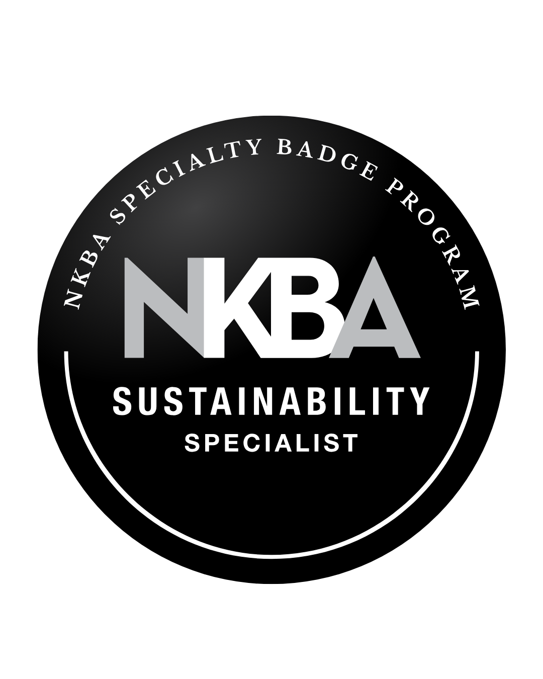 Black and white circular badge with the text 'NBA Sustainability Specialist' and 'NKBA' at the center, indicating a professional designation within the NKBA Specialty Badge Program.