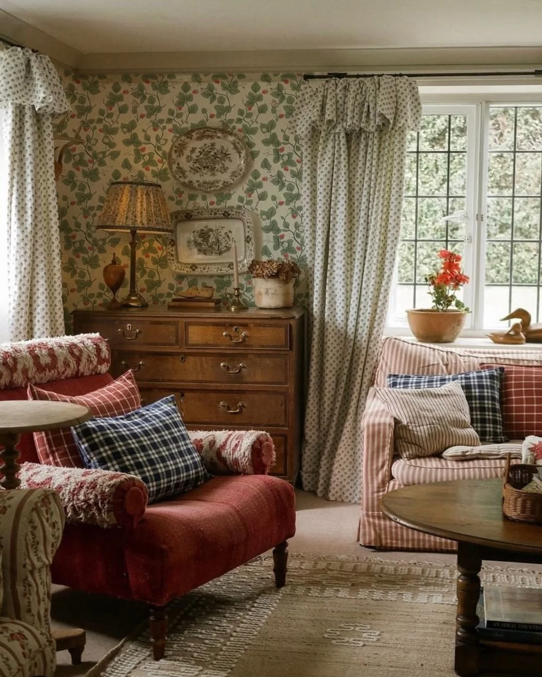 Warm and cosy living room featuring our Trailing Strawberries wallpaper. 🍓🍃&hearts;️

Seen here in the stunning home of @godsavethescene 

#trailingstrawberries #wallpaperinspo #cosyinterior #britishinteriors #cottagecoreaesthetic
