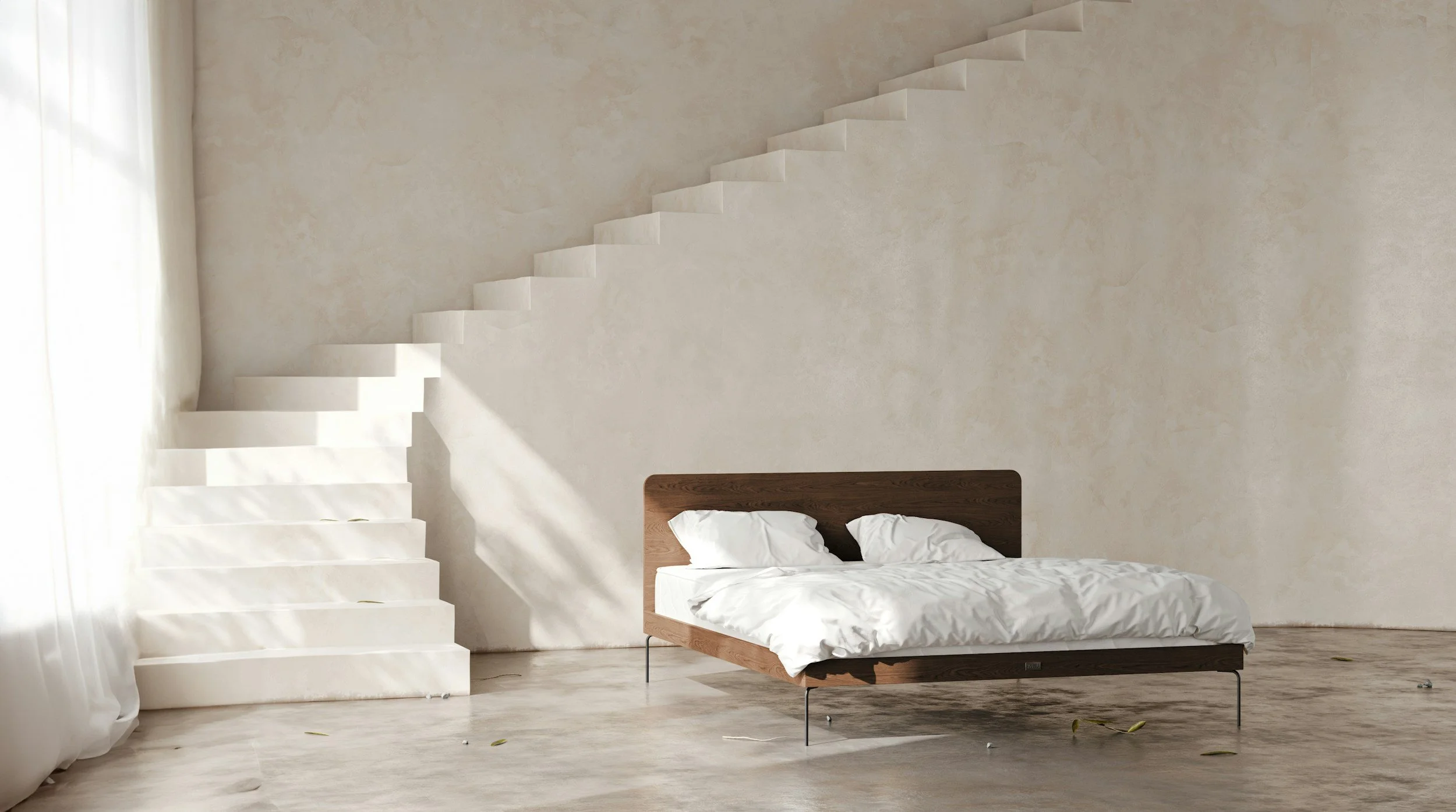 Ein modernes Schlafzimmer mit einem Holzbettrand, weißen Bettwäsche und Kissen, sowie eine weiße Wand mit einer Treppe, die an der Wand hochführt.