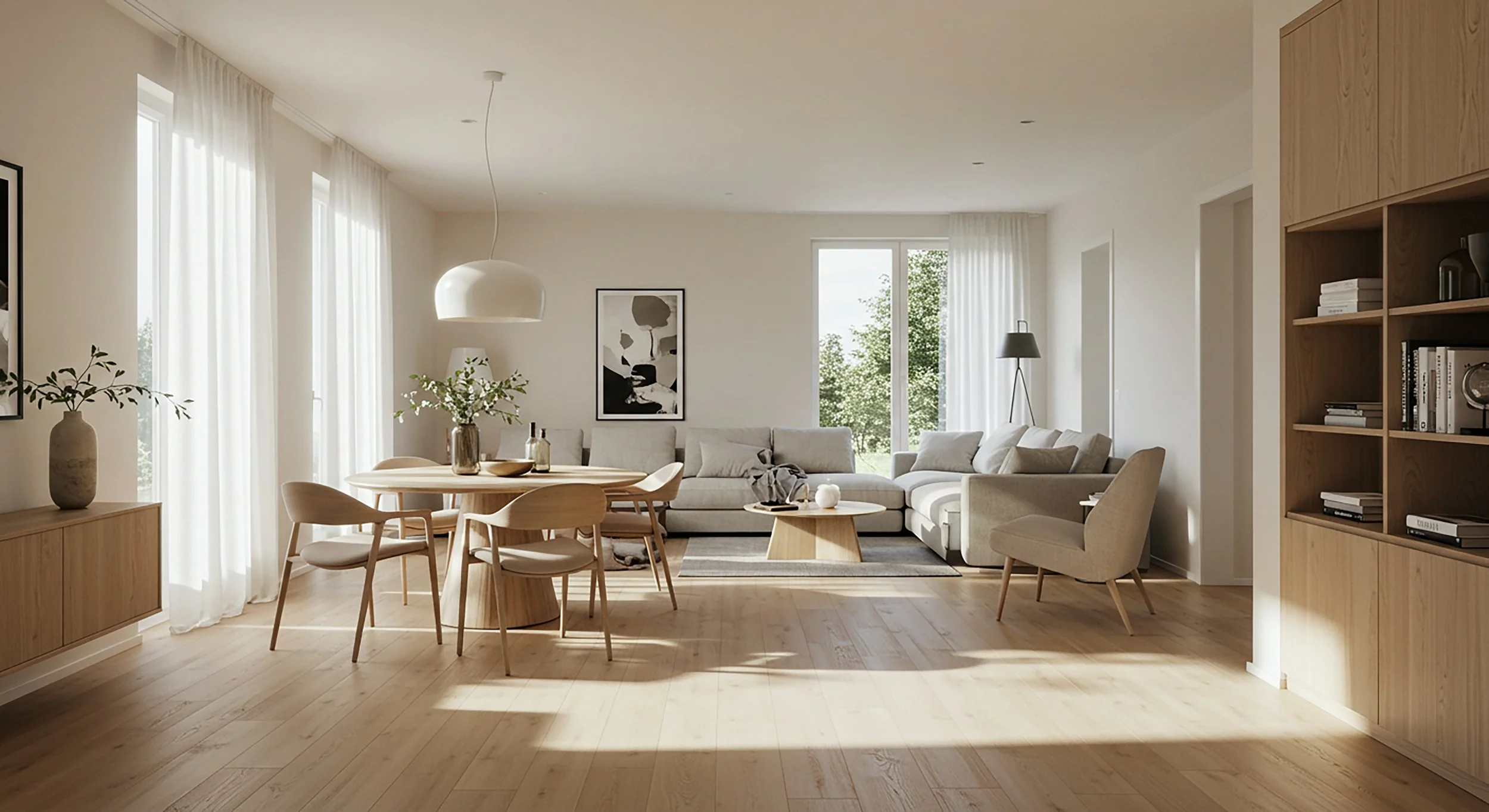 Moderne, helle Wohnzimmer mit Couch, Sessel, Couchtisch, Esstisch mit Stühlen, Bücherregal, große Fenster mit weißen Vorhängen, Holzboden, Wandkunst