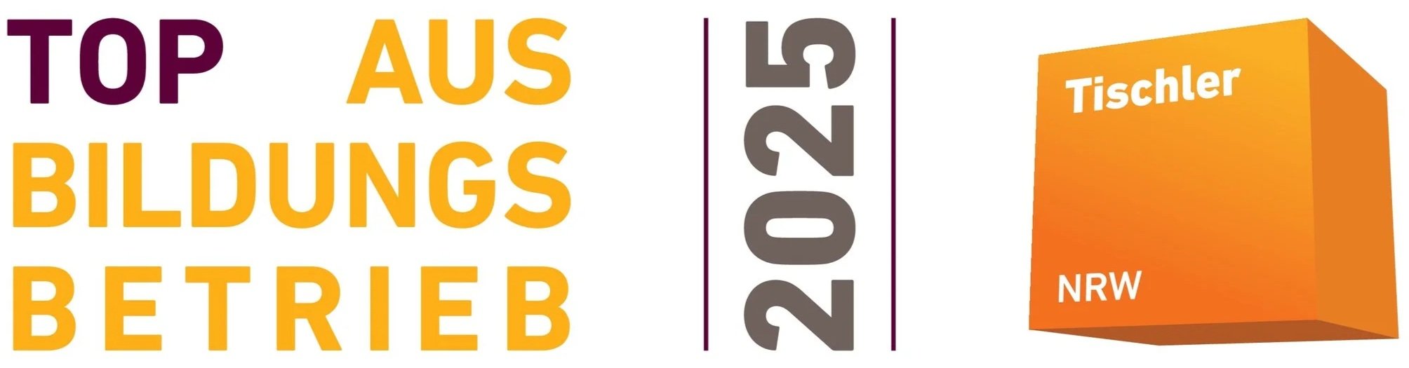 Grafik mit Texten: "Top aus Bildungsbetrieb 2022/23" und einer orangefarbenen Würfelgrafik mit der Aufschrift "Tischler NRW".