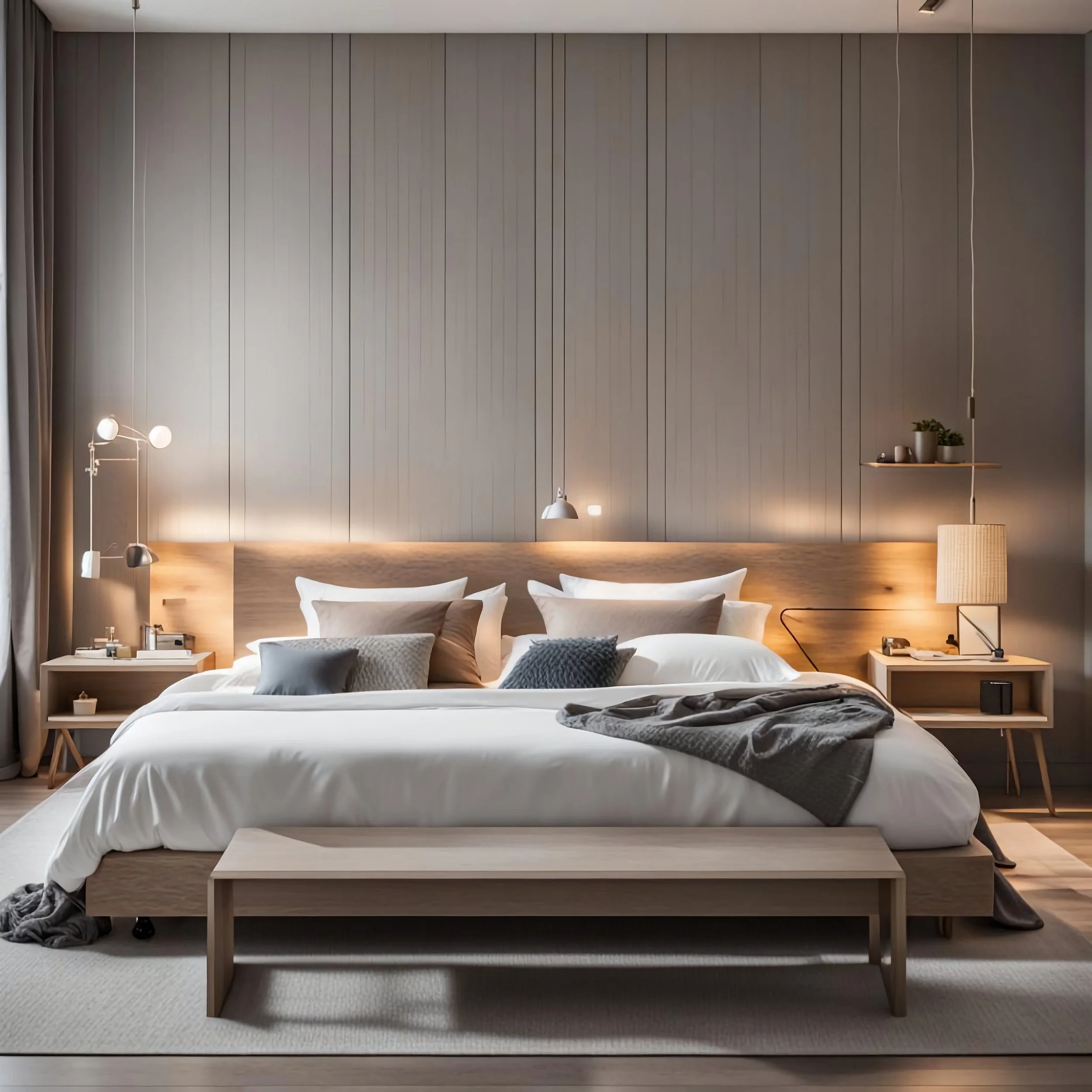 Modernes Schlafzimmer mit großem Bett, verschiedenen Kissen, Nachtschränken, Lampe und minimalistischer Wandgestaltung.