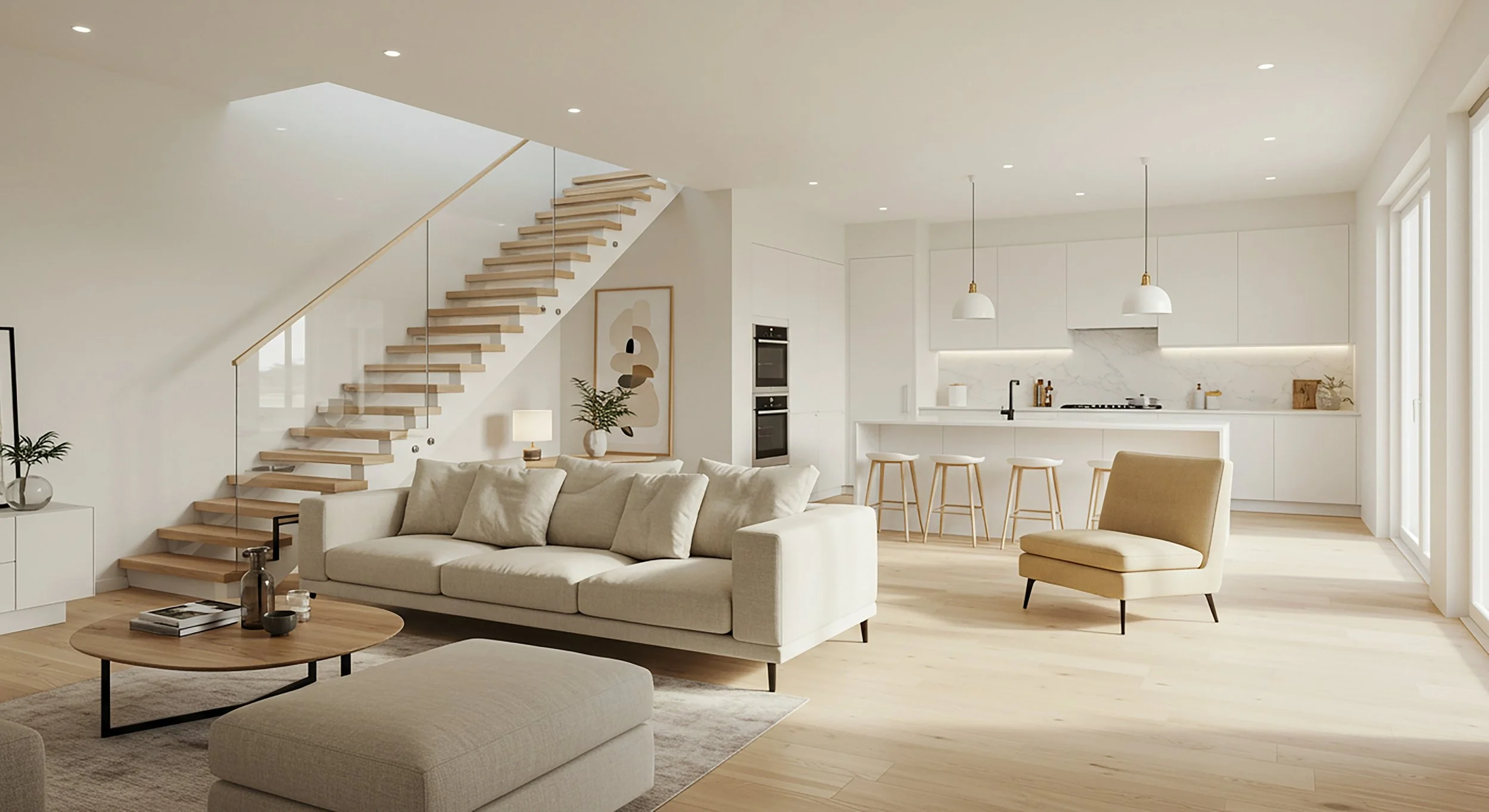 Helles, modernes Wohnzimmer mit offener Küche, weißem Sofa, beigen Sessel, Holzfußboden, Treppe mit Glaselementen, minimalistische Dekoration, große Fenster für viel Tageslicht.