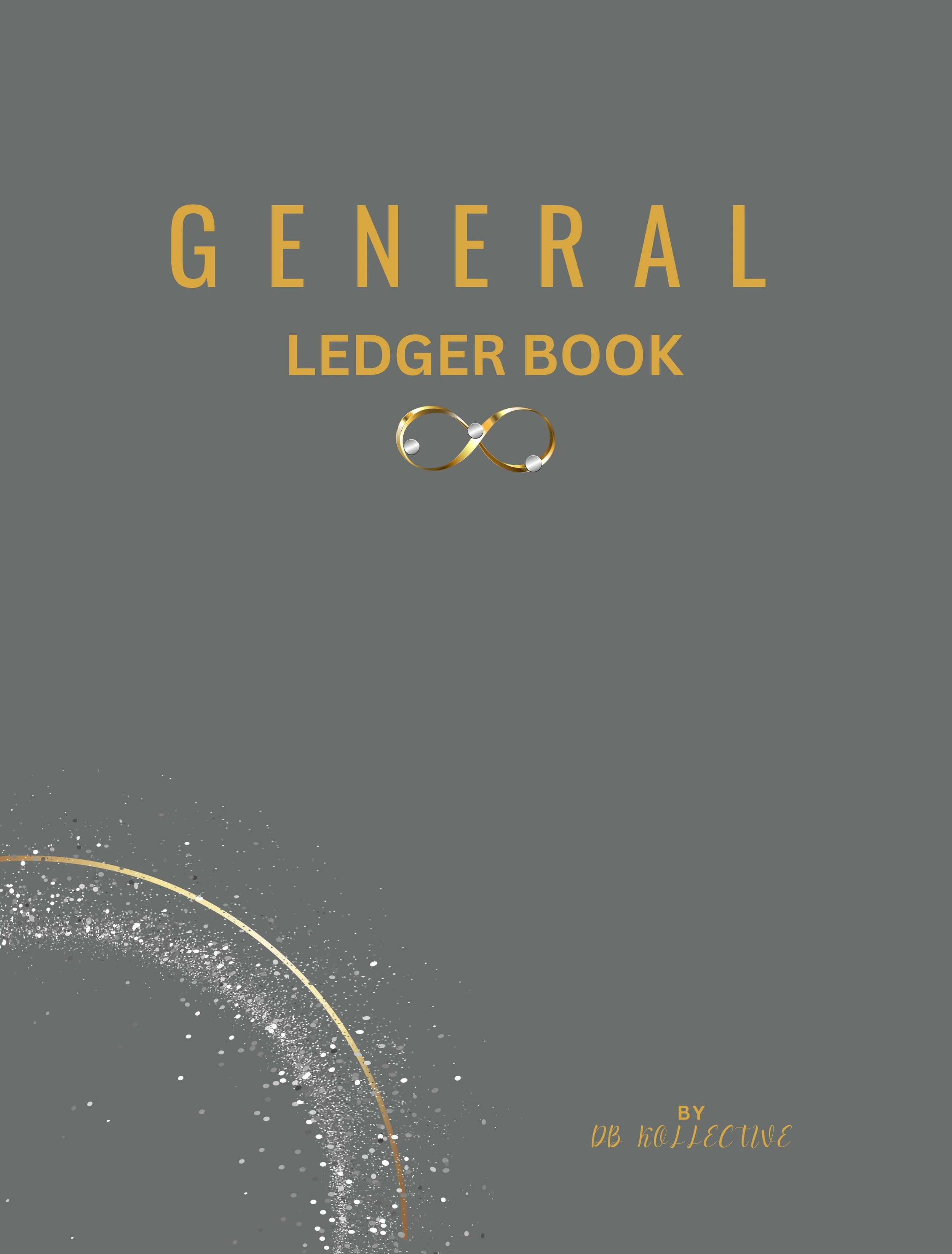 Cover of a general ledger book with a gray background, gold text, and a decorative infinity symbol in the center.