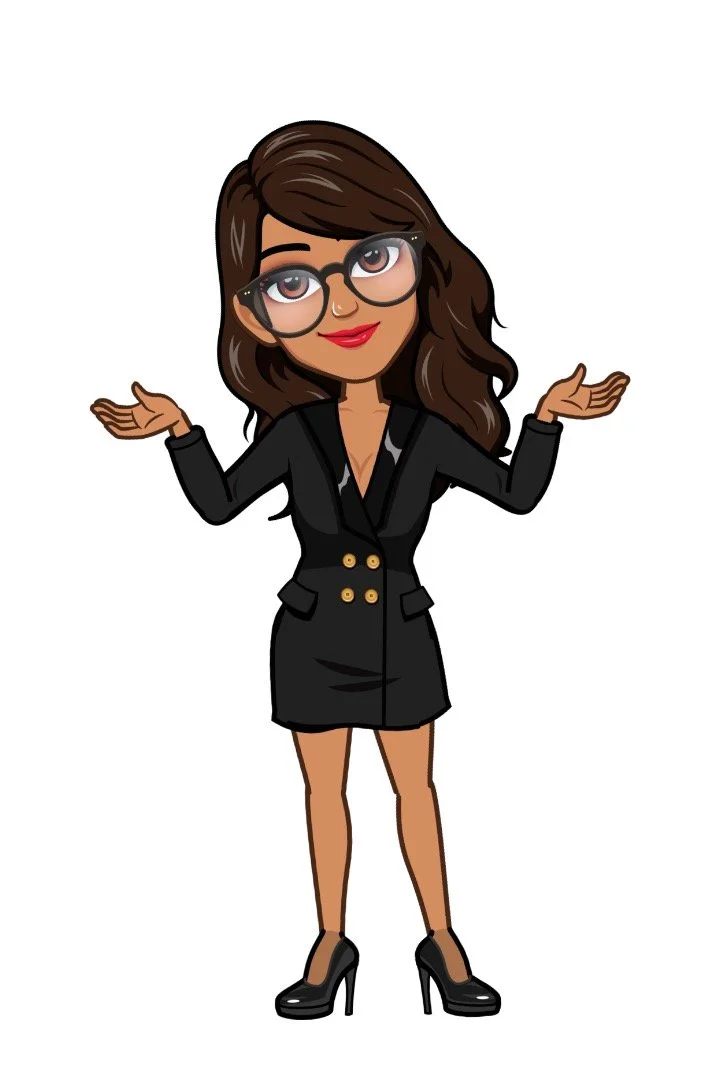 Cartoon woman with brown hair, glasses, red lipstick, wearing a black blazer and skirt, black high heels, with a shrugging pose.