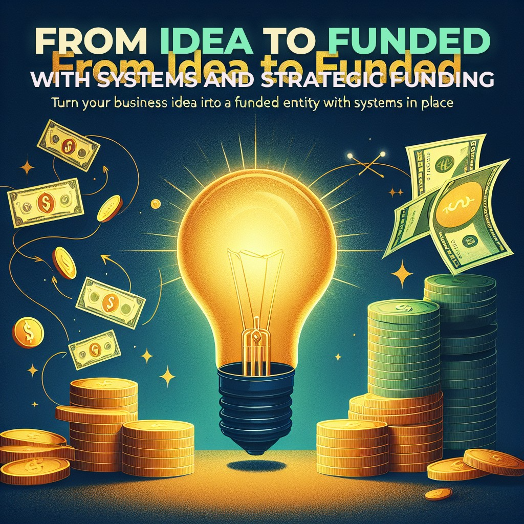 Illustration of a glowing light bulb in the center with money bills and coins floating around, and stacks of coins below. Text at the top reads 'From Idea to Funded with Systems and Strategic Funding,' with the background featuring a dark gradient and sparkles.