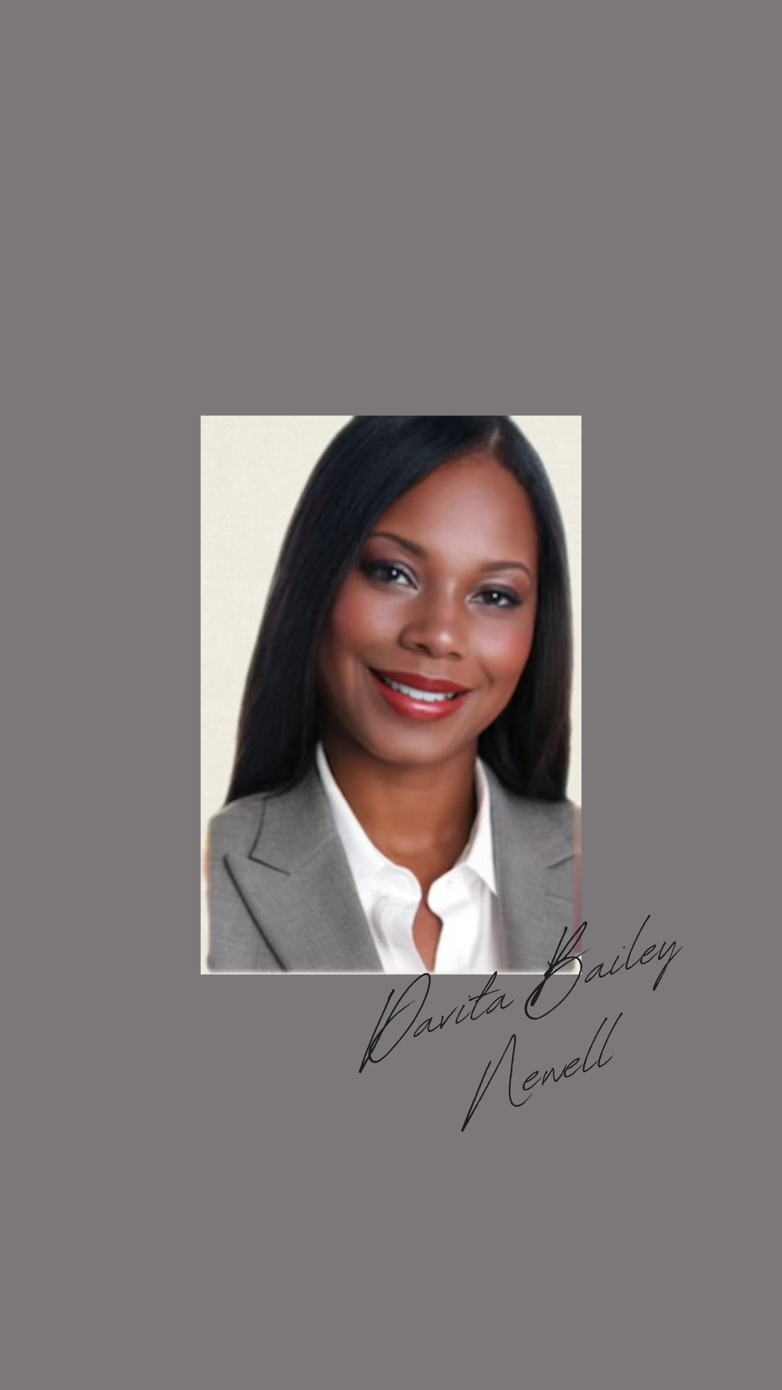 Professional portrait of a smiling woman with dark hair, wearing a light gray blazer and white shirt, against a plain background with her name 'Davita Bailey Novell' written in cursive.