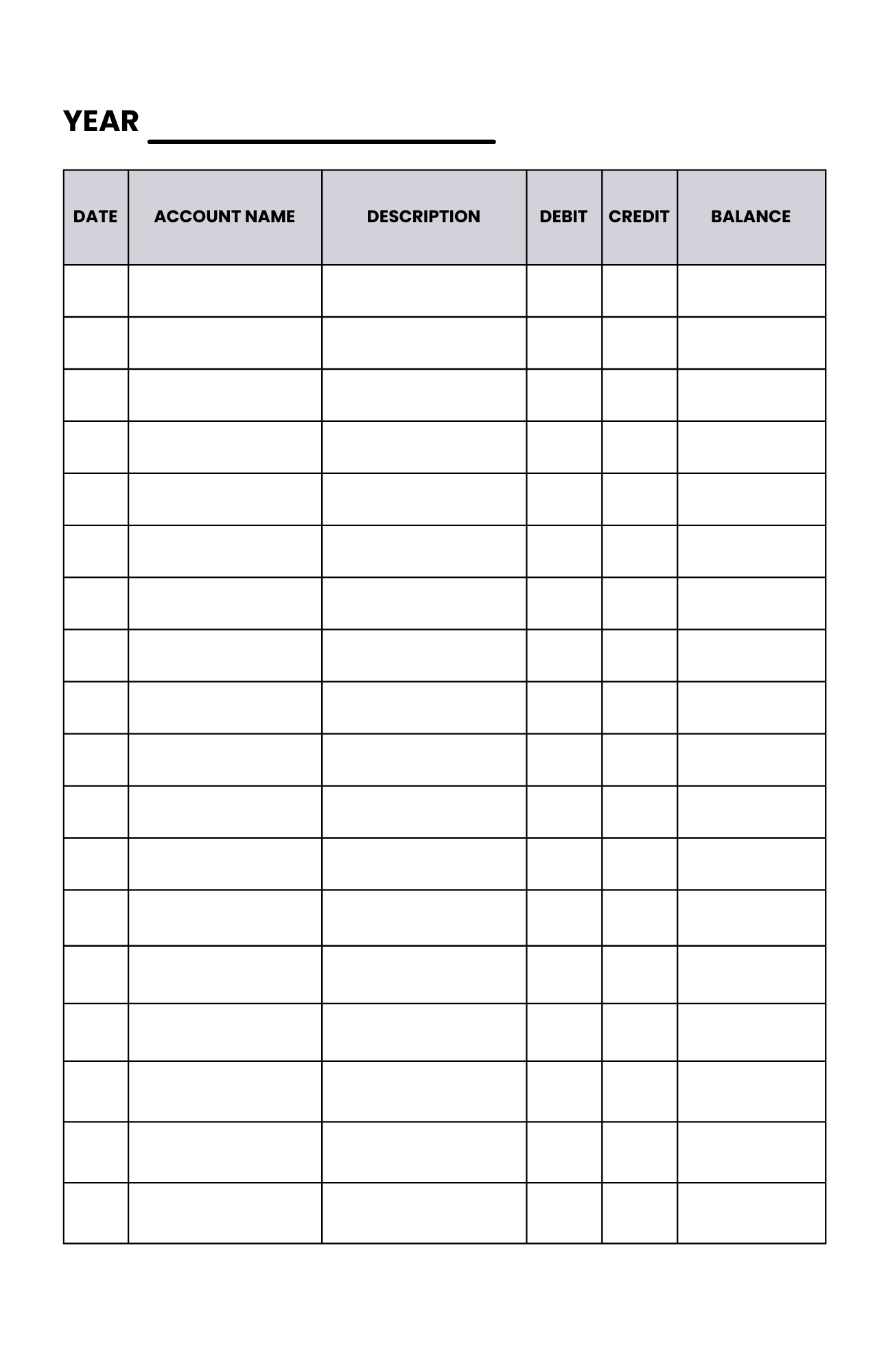 A blank, printable ledger sheet with columns for date, account name, description, debit, credit, and balance, titled 'Year' at the top.