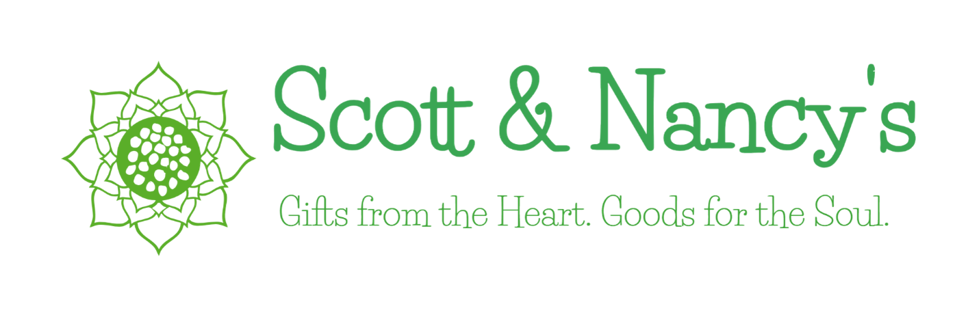 Logo for Scott & Nancy's, a gift shop, featuring a green floral design and the tagline "Gifts from the Heart. Goods for the Soul."