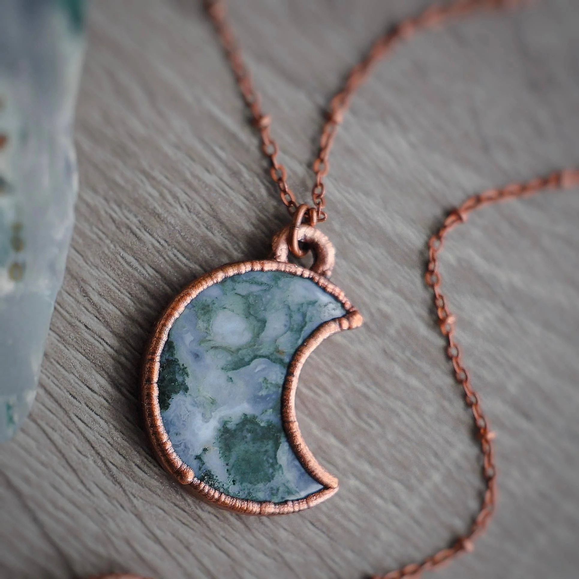 MergingMetals Moss Agate Crescent Moon Necklace