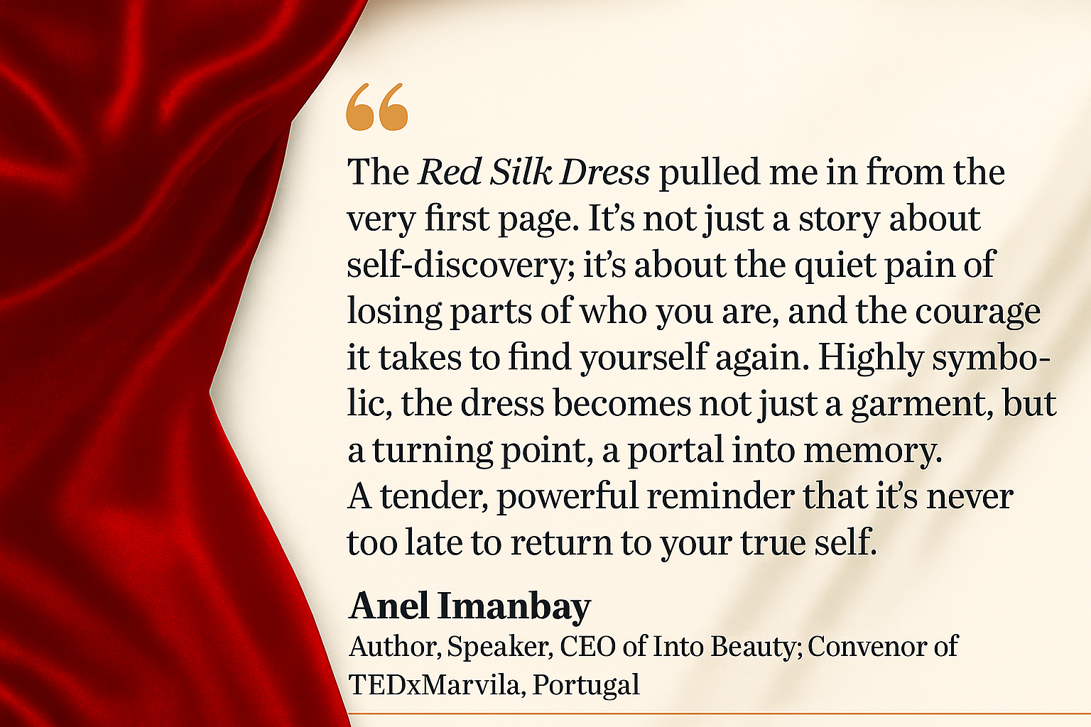 Anel Imanbay endorsement for The Red Silk Dress by Natalie Turner.png