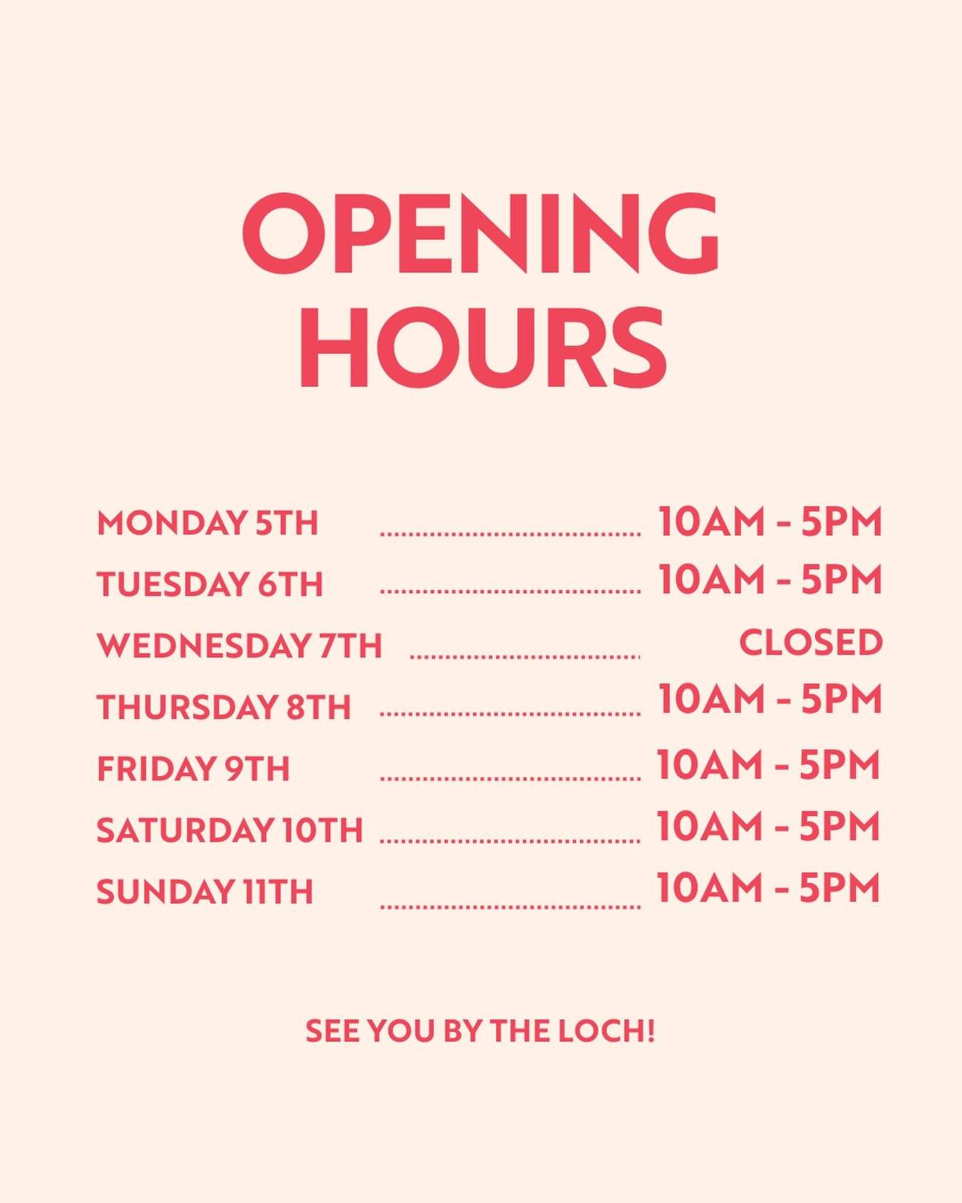 This week at Pinkfoot 🦩☕️

We&rsquo;re open Monday, Tuesday, Thursday, Friday, Saturday &amp; Sunday from 10am&ndash;5pm, with Wednesday being our day off.

See you by the loch! 🦩