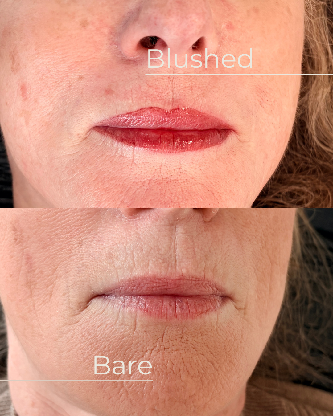 Comparison of lips with makeup labeled 'Blushed' and without makeup labeled 'Bare' showing differences in color and texture.