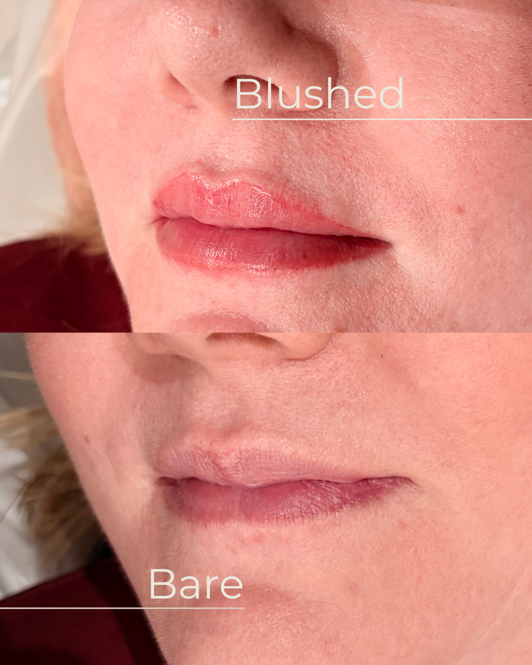 Close-up of lips and surrounding skin showing before and after comparison, with the top labeled "Blushed" and the bottom labeled "Bare."