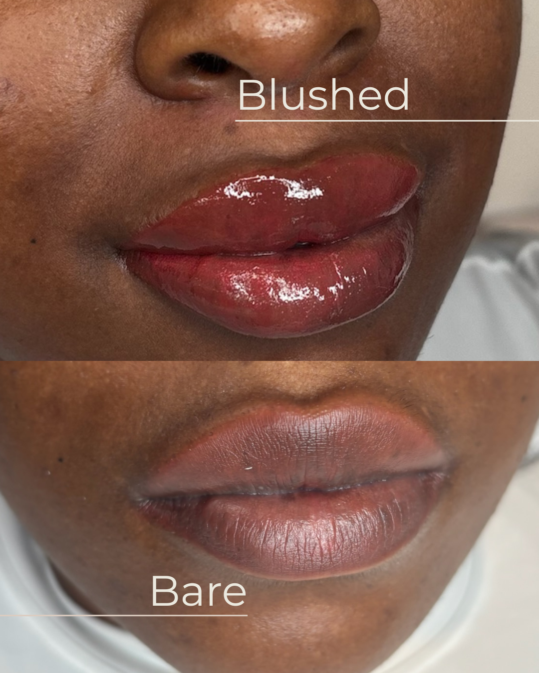 Close-up of a person's lips showing a before-and-after comparison. The top image labeled 'Blushed' shows lips with shiny, red-colored lip gloss, while the bottom image labeled 'Bare' shows lips without any makeup.